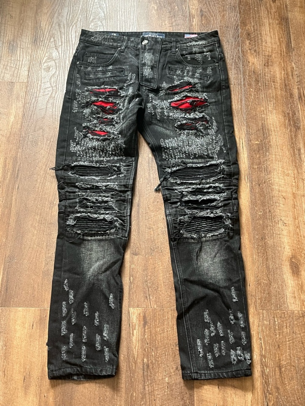 Damati distressed Ripped gray Denim Moto Style Jean w red size 34 x 32